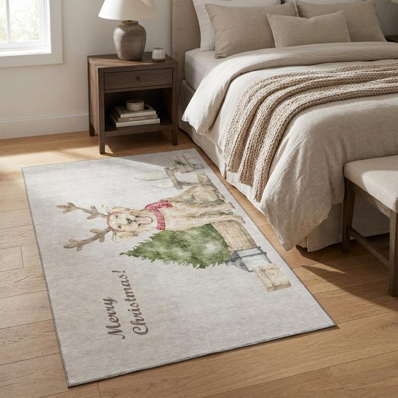 Tapis de Noël lavable pour chien vert et gris taupe 3 pi x 5 pi avec protection UV