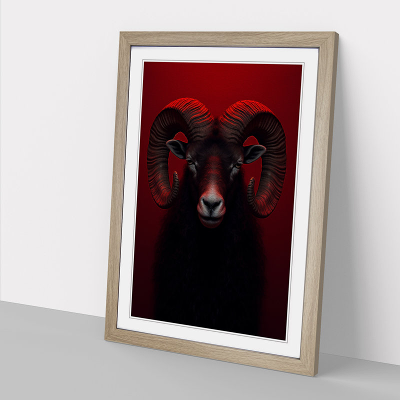 Ram Sheep Minimalism - Framed Print, 64cm H x 46cm W x 2cm D, Oak 