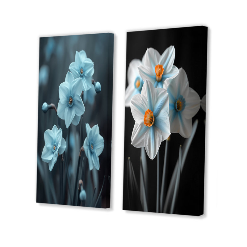 Monochromes bleu gris Whimsy Wonderland Daffodils I - ensemble de 2 jonquilles murales, H 28 po x l 24 po, Toile tendue