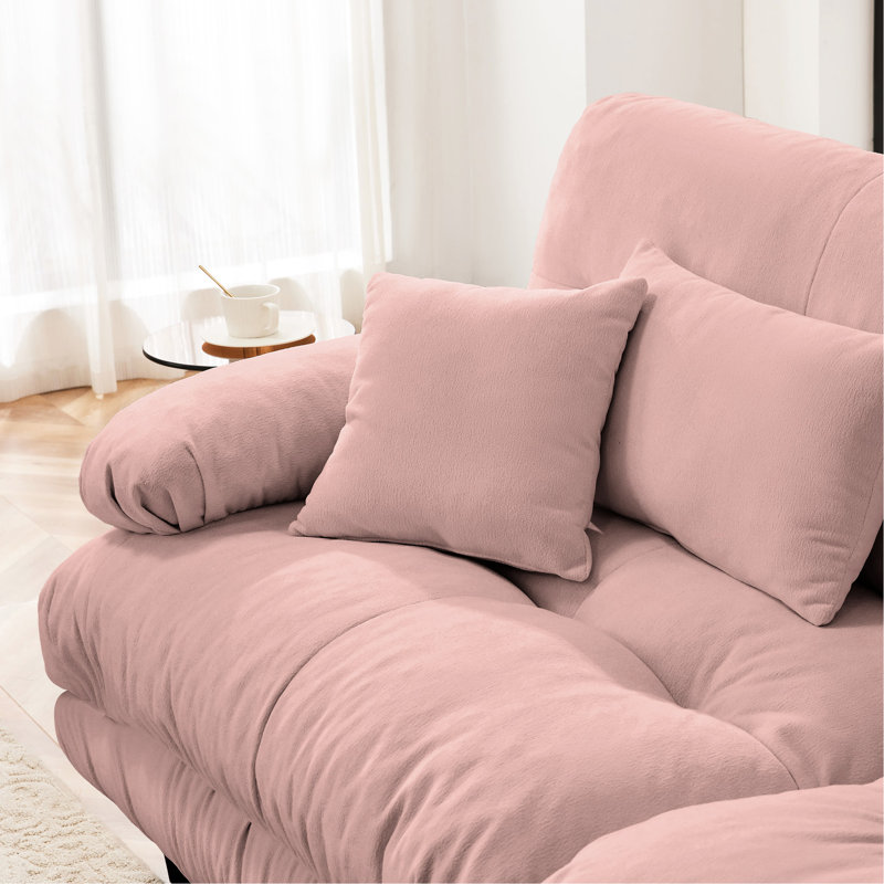 Canapé-lit 2 places en chenille rose avec coussins lombaires, coussins décoratifs et repose-pieds