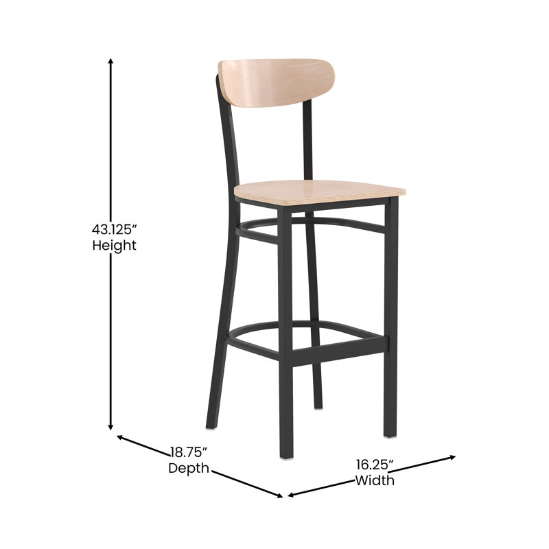Commercial Metal Barstool with Wood Seat and Boomerang Back, Natural Birch