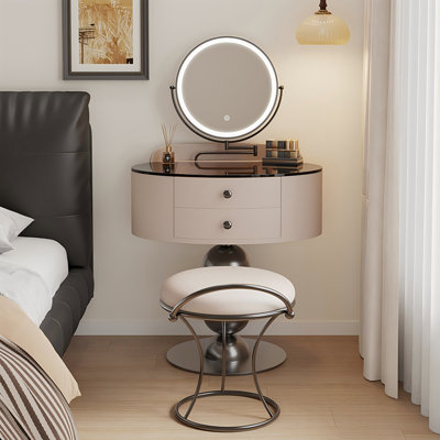 Meuble-lavabo 23,62 po en verre trempé beige avec miroir et tabouret de maquillage