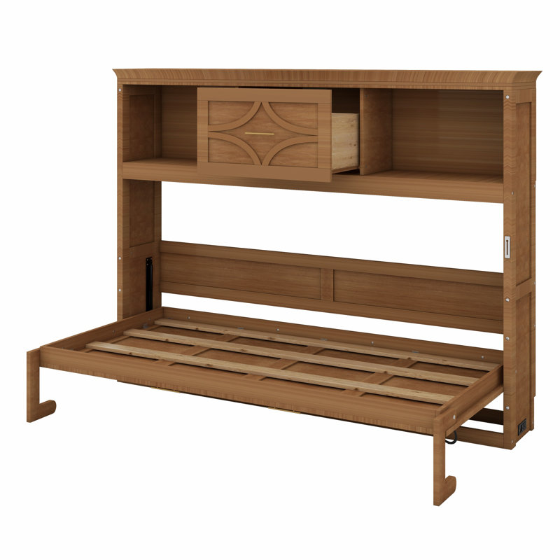 Lit escamotable simple avec station de charge et tiroir, Bois