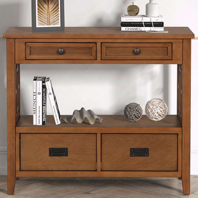 Console en bois de pin avec 4 tiroirs et 1 tablette de rangement Farmhouse, Brun