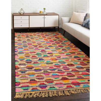 Tapis jaune / rouge / bleu en coton tissé à plat à la main Jephum