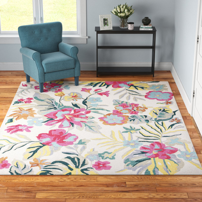 Ariyanna Floral Handmade Tufted Wool Ivory/Pink Area Rug, Rectangle 8' x 10'