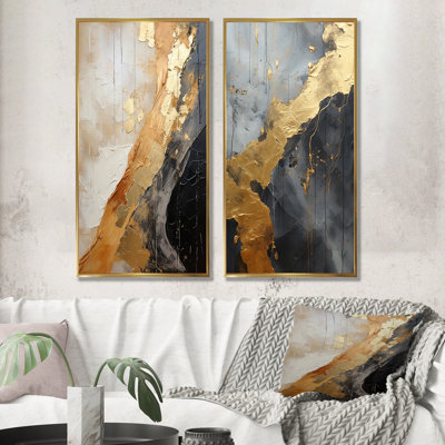 Minimalism Chrome Gold And Black Poteries - Abstract Fractal Wall Art Prints Set Of 2