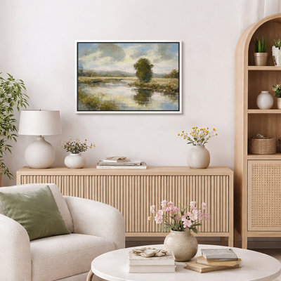 Peaceful Countryside River Landscape Artwork, Rustic Meadow Nature Pictures, Framed Canvas Giclee Print Wall Art