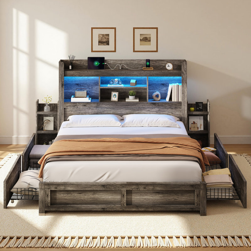 Structure de lit double Sherell avec 4 tiroirs de rangement, gris, Double, gris