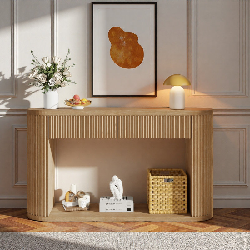 Console ovale cannelée avec 2 tiroirs et tablette inférieure, Naturel