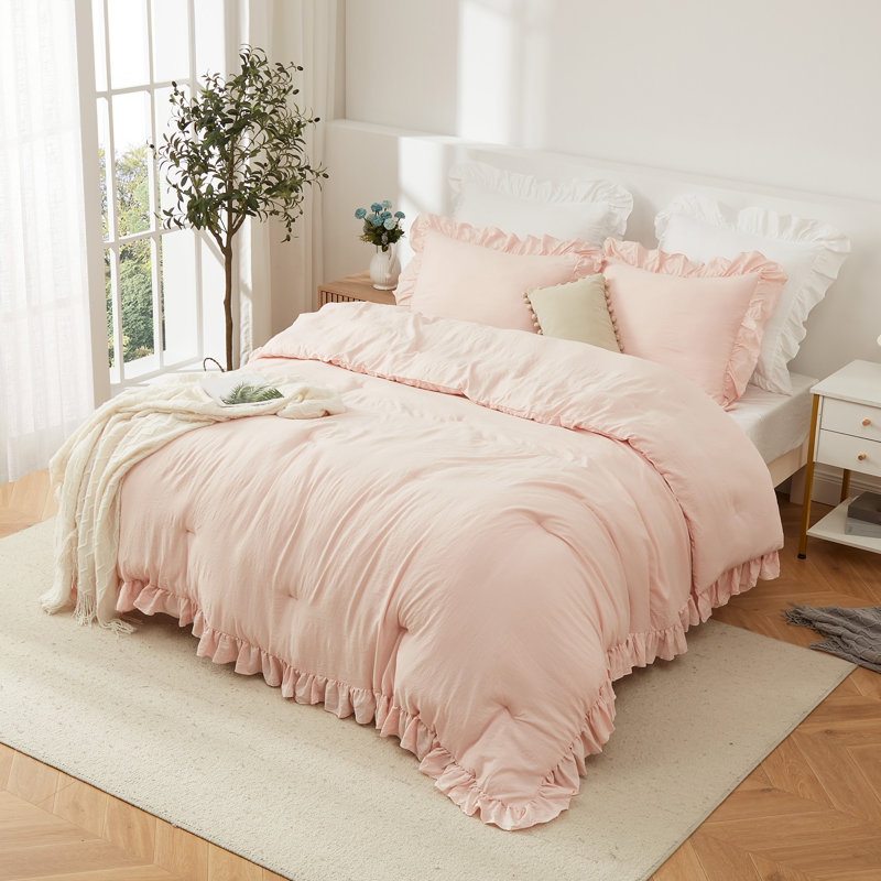 3 Piece Pink Ruffled Comforter Set, Soft Microfiber All Season Bedding, Vintage French Country Style, Pink