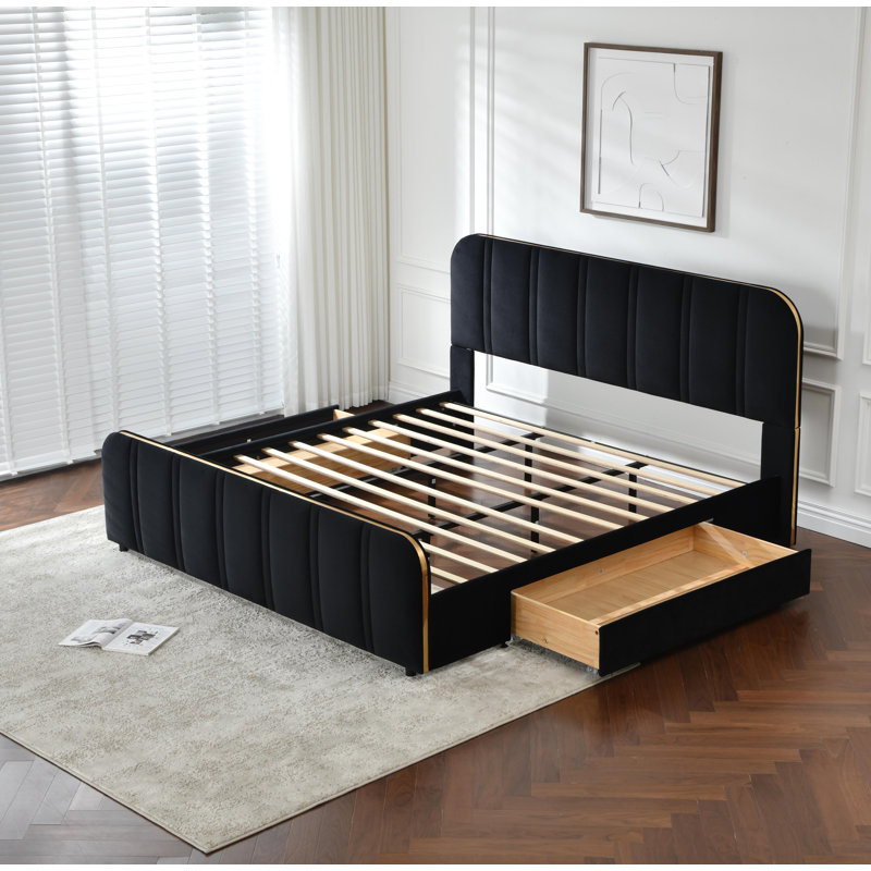 Upholstered Bed with 2 Large Wooden Storage Drawers, Black, King
