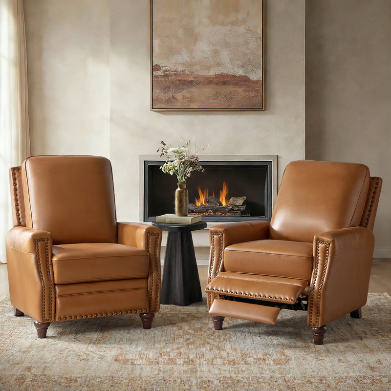 Andrena 34" W Top Grain Leather Recliner with Nailhead Trim (Set of 2) , Top Grain Leather Camel