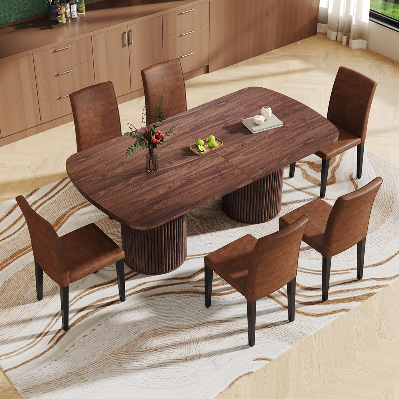 Grande table de salle à manger de style campagnard à double piédestal robuste, 7 pièces : table, 6 chaises, Brun