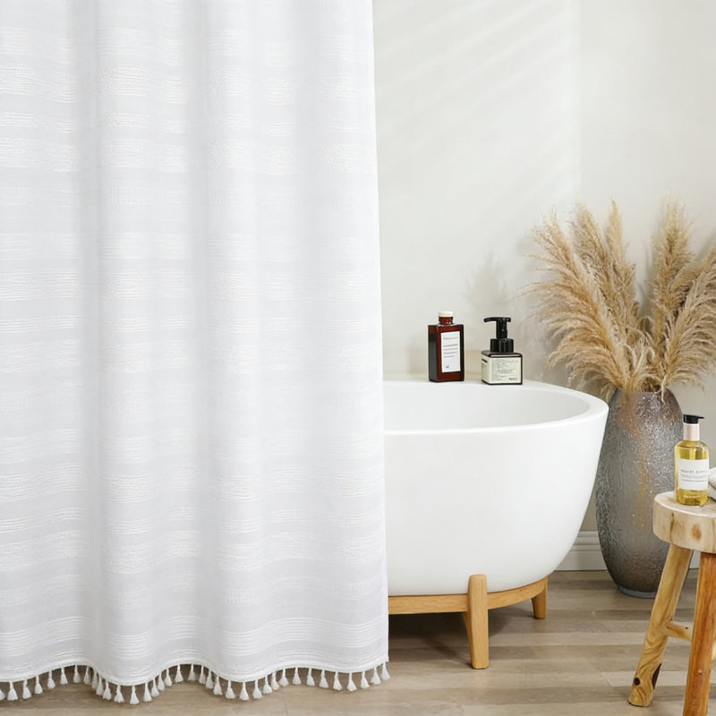 Rideau de douche en lin texturé avec pampilles, rideau de salle de bain moderne et robuste, tissu infroissable, installation facile avec boutonnières
