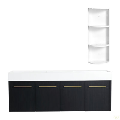 Meuble-lavabo mural 60 po avec lavabo et support de rangement, lavabo double en résine à rebord épais, ensemble KD