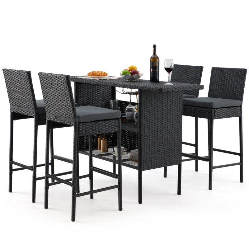 Ensemble de bar en osier avec 4 tabourets et table de bar d'extérieur, Gris / bleu marine