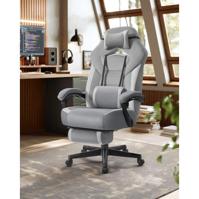 Inbox Zero Adjustable Reclining Ergonomic Faux Leather Swiveling PC & Racing Game Chair with Footrest in Gray