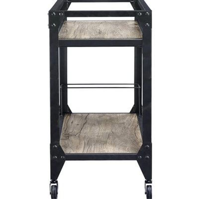 Rustic Oak & Charcoal Finish Serving Cart - Spacious Wooden Shelves, Wine Bottle And Stemware Holders Charcoal With Style Area, Effortless Mobility Op by Red Barrel Studio