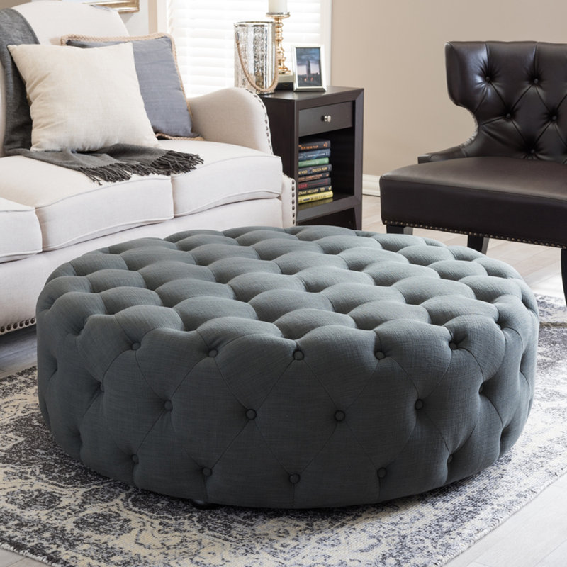 Somwya Round Shaped Ottoman in Gray Linen Upholstery, 15.75'' H X 40.75'' W X 40.75'' D, Dark Gray Linen