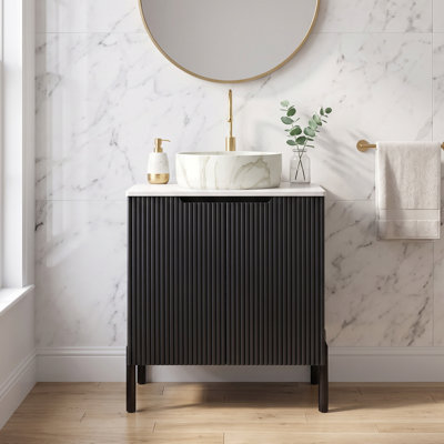24''Modern Freestanding Bathroom Vanity in Black , Storage Cabinet with 2 Doors , Carrara White Sintered Stone Countertop and White Round Ceramic Basin with Stone Pattern (No Faucet)