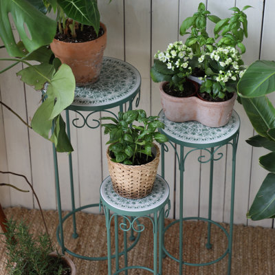 Set of 3 Nesting Plant Stands, 28 Inch Tall Metal Flower Pot Stand with Round Ceramic Tops for Indoor&Outdoor Use, Plants&Flowers Display Rack for Porch,Patio, Living Room and Garden Decor