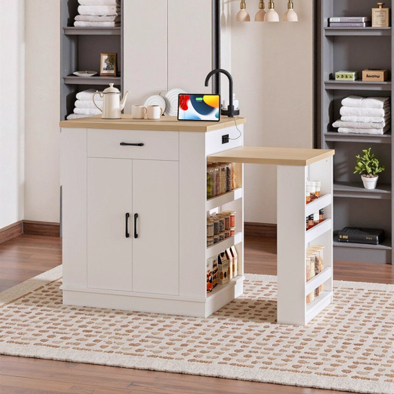 Îlot de cuisine extensible blanc avec tiroirs de rangement, armoires à deux portes et tablettes ouvertes - Table de salle à manger, bar et salon de thé polyvalents