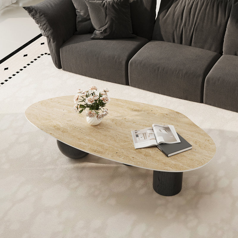 Table basse 54 po pour le salon, table basse en pierre à 3 pieds et plateau en pierre frittée blanche, Jaune, Noir