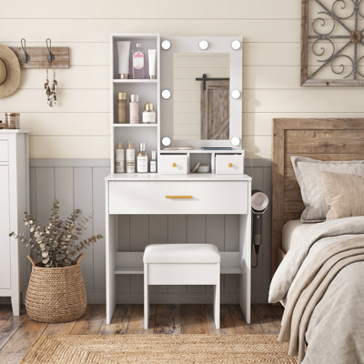 White Vanity Table with LED Mirror, Power Outlet & Hairdryer Holder, Dressing Table Set with Cushioned Stool for Small Bedrooms