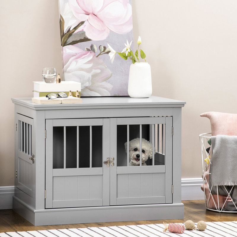 Table de bout pour petit chenil, construction en bois, cage grise avec trois entrées, pour chiens