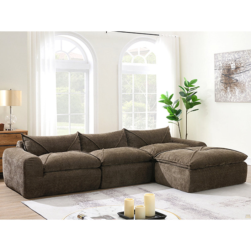 Ishmam Boneless Fully Compression Modular Sectional Sofa with Movable Ottoman, Brown Chenille