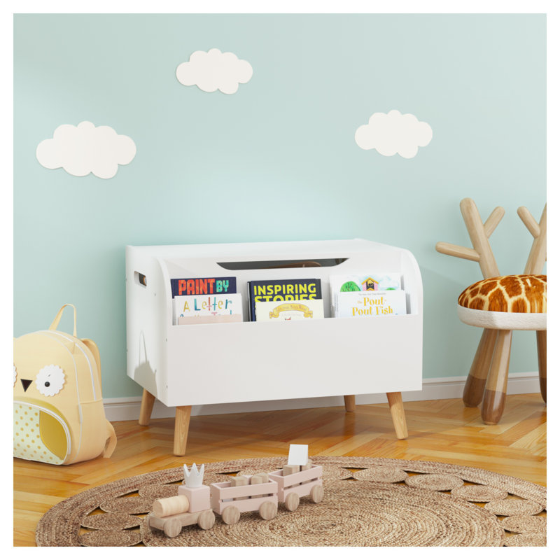 Boîte à jouets en bois avec bibliothèque à l'avant, couvercle rabattable et charnière de sécurité pour l'organisation de la chambre des enfants