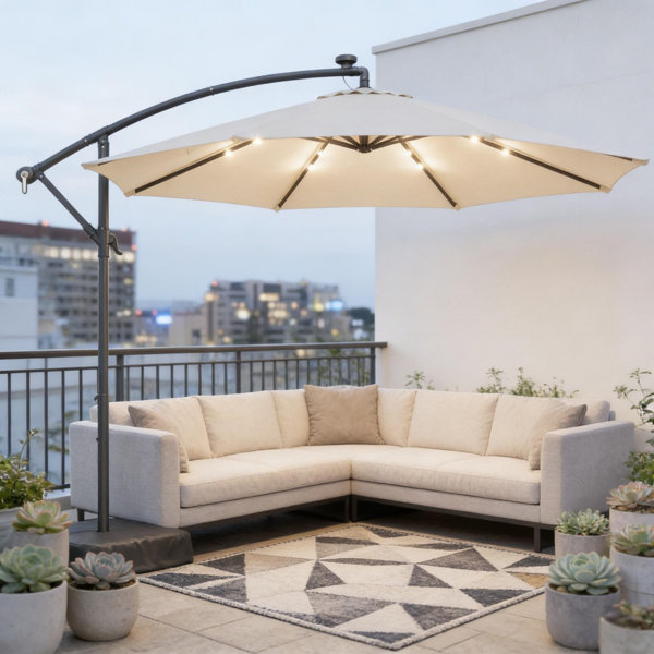 Parasol de patio en porte-à-faux 116,1 po blanc avec lumières solaires DEL, Crème