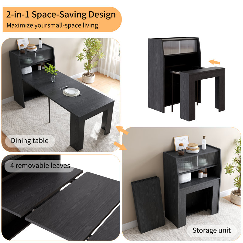 Multifunctional convertible dining table with storage side cabinet, space saving design for small apartment kitchen and dining room