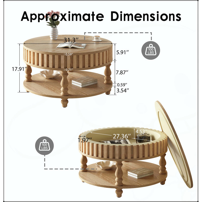 Table basse cannelée avec rangement et couvercle rabattable Farmhouse, Bois naturel