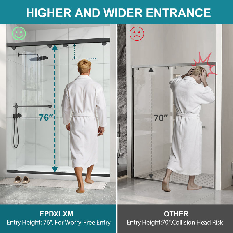 49"-54" W x 76" H Double Sliding Semi-Frameless Shower Door in Matte Black with 5/16" (8mm) Clear Tempered Glass, Aluminum Frame