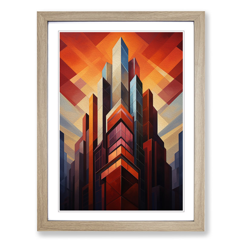 Skyscraper Geometric - Single Picture Frame Print on Wood, 34cm H x 25cm W x 2cm D, Oak