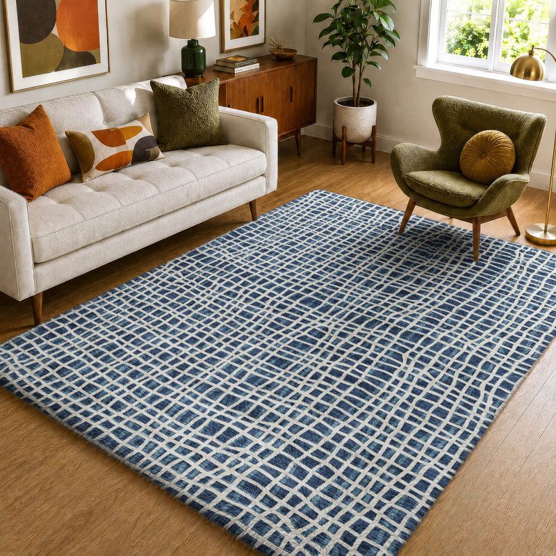 Washable Striped Indoor Rug, Navy, 8' x 10'