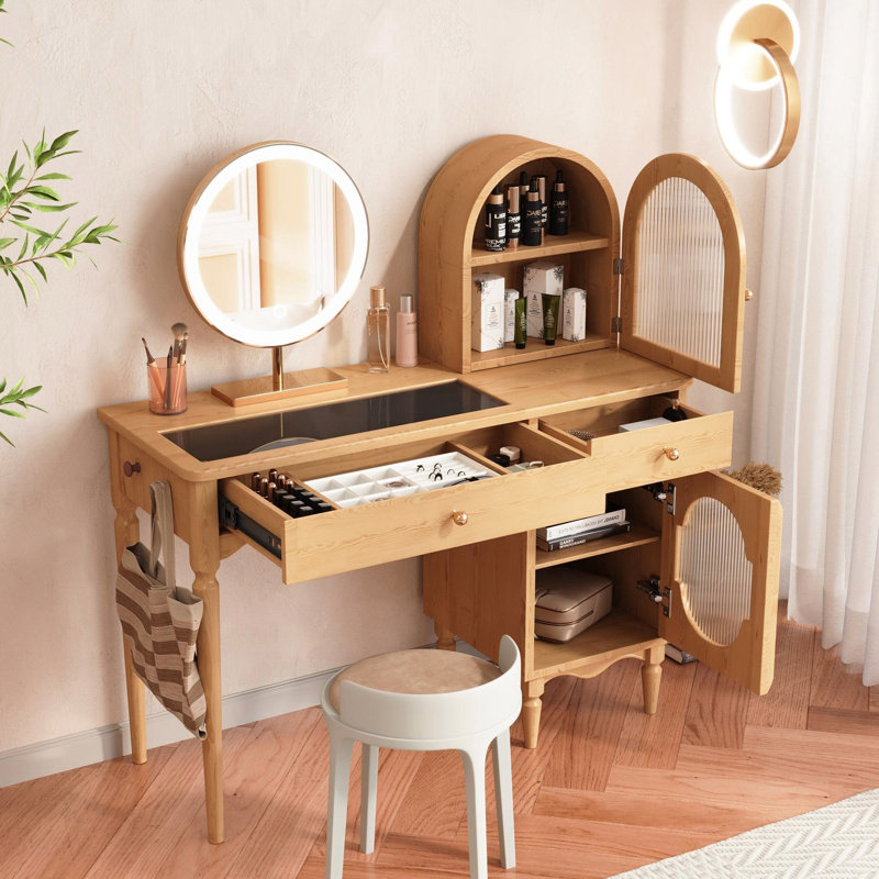Coiffeuse de maquillage avec miroir rond Nado