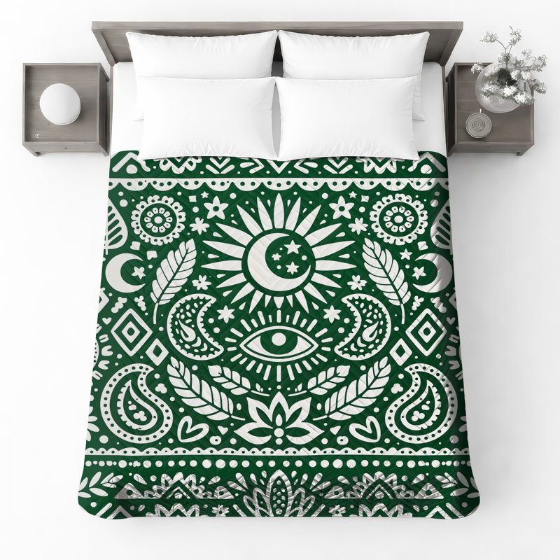 Green Paisley Pattern Quilted Bedspread All Sizes, Twin