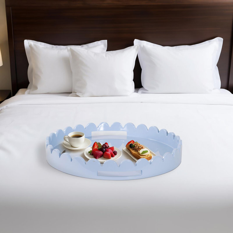 Effa Hand-Crafted Round Scalloped Wood Tray, Blue Gray