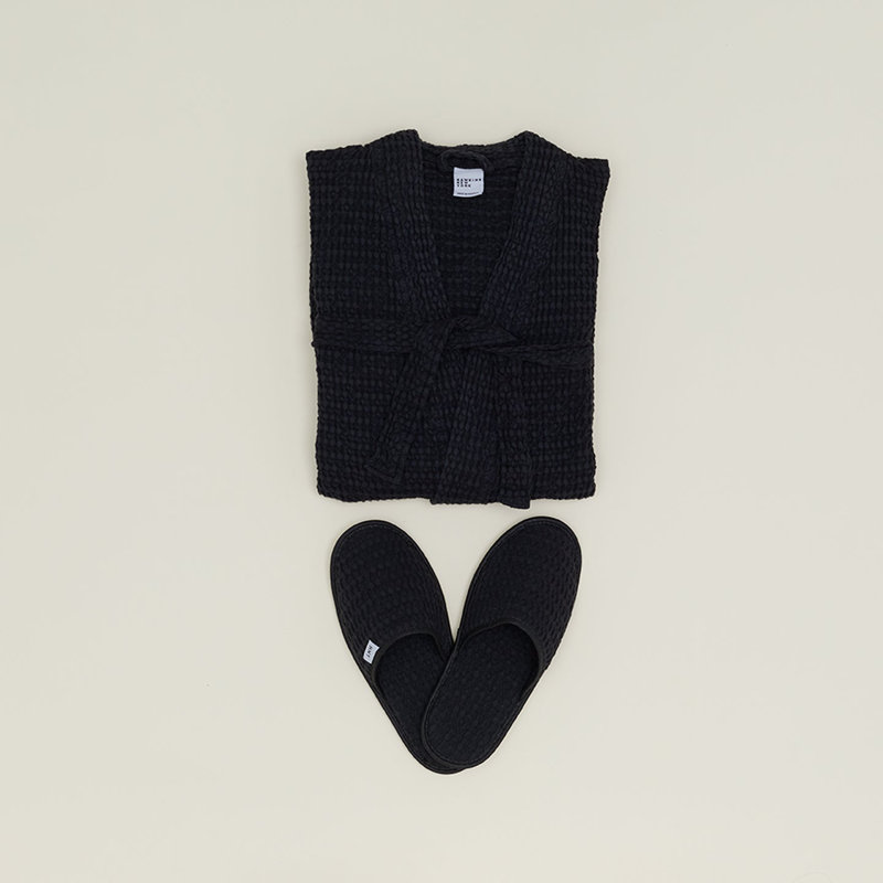 Simple Cotton Waffle Slippers, Black, Medium