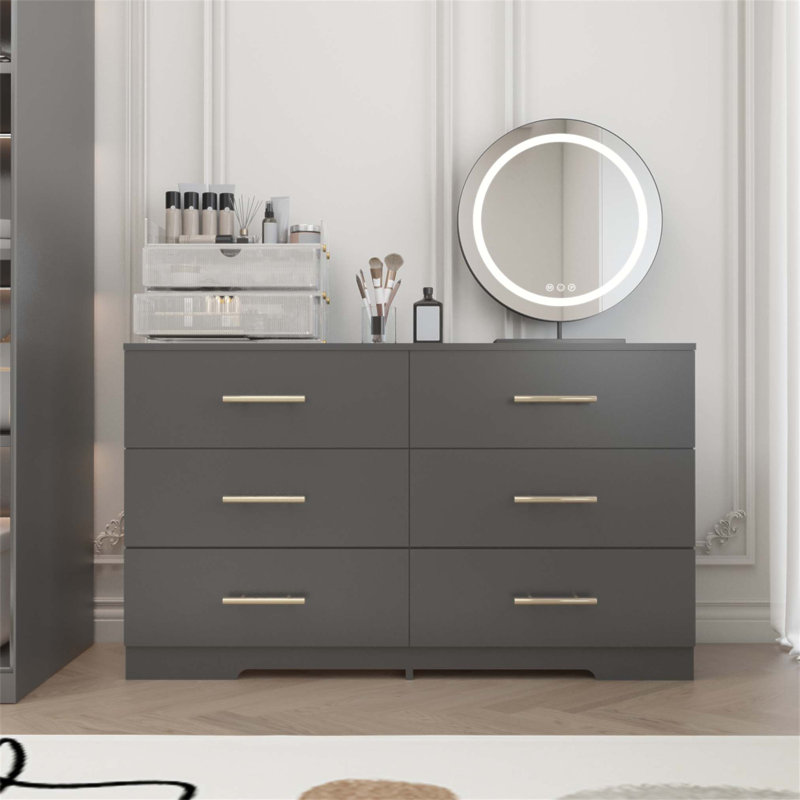 Spacious 6-Drawer Dresser with Golden Handles, Perfect for Organizing and Enhancing Your Bedroom Decor., Black