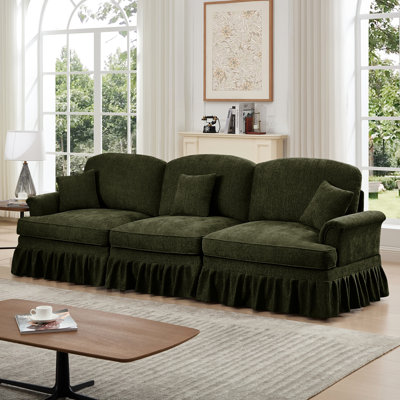 Elegant Chenille 3 Seat With Flared Arms, Curved Design, And Detachable Skirts Comfortable Three - Cushion Back, Spindle Legs, Fabric