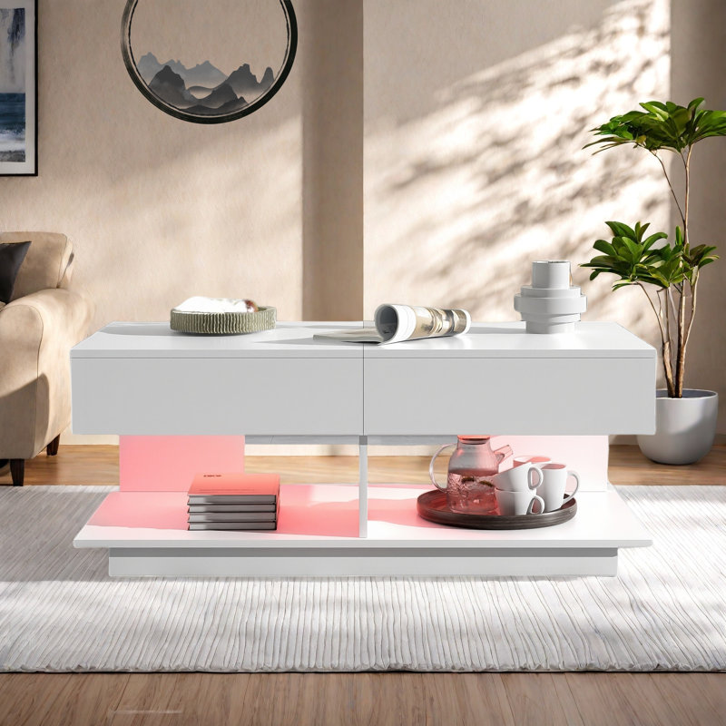 Table basse extensible avec plusieurs compartiments de rangement, bande à DEL de 16 couleurs et base robuste, Blanc