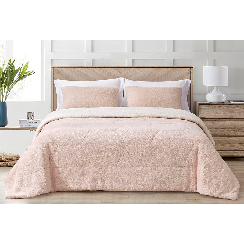 Double Sided Sherpa Reversible Comforter Set, Full Comforter + 2 Standard Shams, Blush