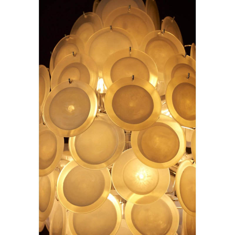 Lustre géométrique clair Murano Vistosi, Laiton, Transparent / blanc / ambre, 20” Diameter x 25” Height