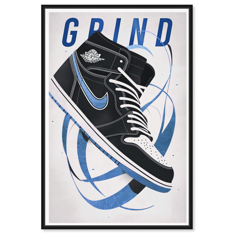 Décoration murale "Blue Ribbon Sneaker" par Art Remedy, H 16 po x l 11 po, Cadre flottant noir