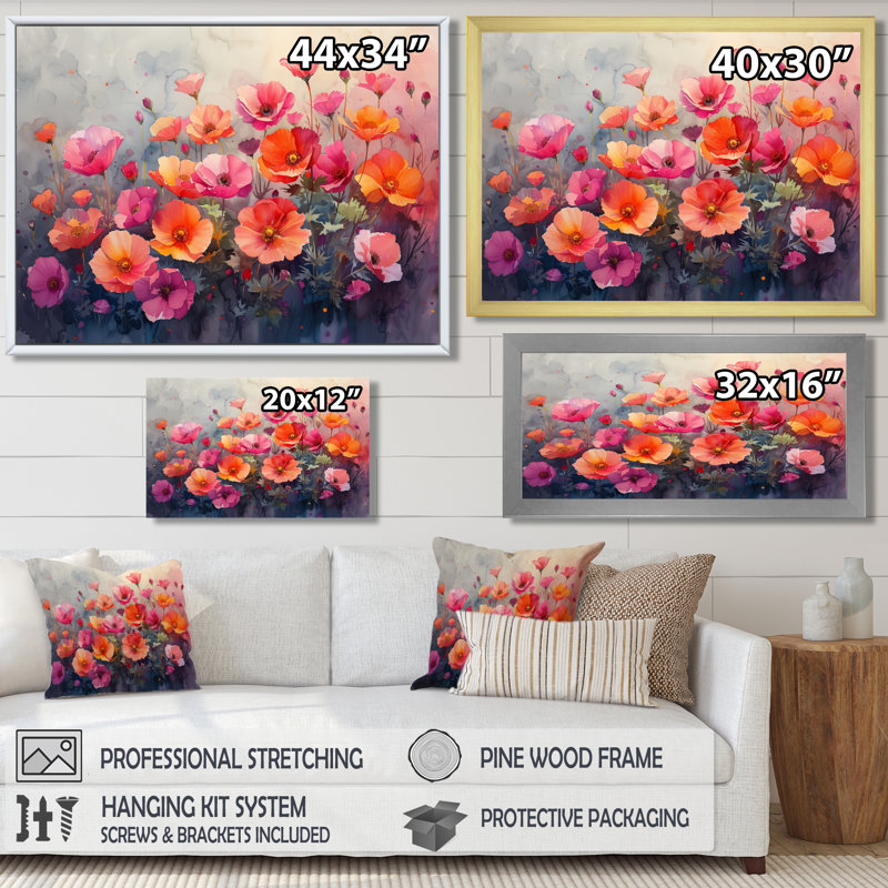 Rose et orange, champ de fleurs et bouton d'or, H 12 po x l 20 po x P 1 po, Toile encadrée noire simple
