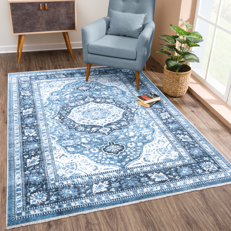 Washable Non-Slip Area Rug - Blue Traditional Oriental Area Rug for Living Room, Bedroom, Dining Room, and Kitchen